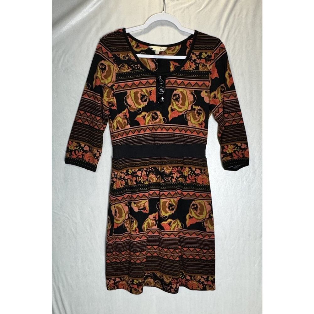 Yumi Womens Boho Folk Floral Henley Dress Fit & Flare Earthy Retro Folk Sz 8/10
